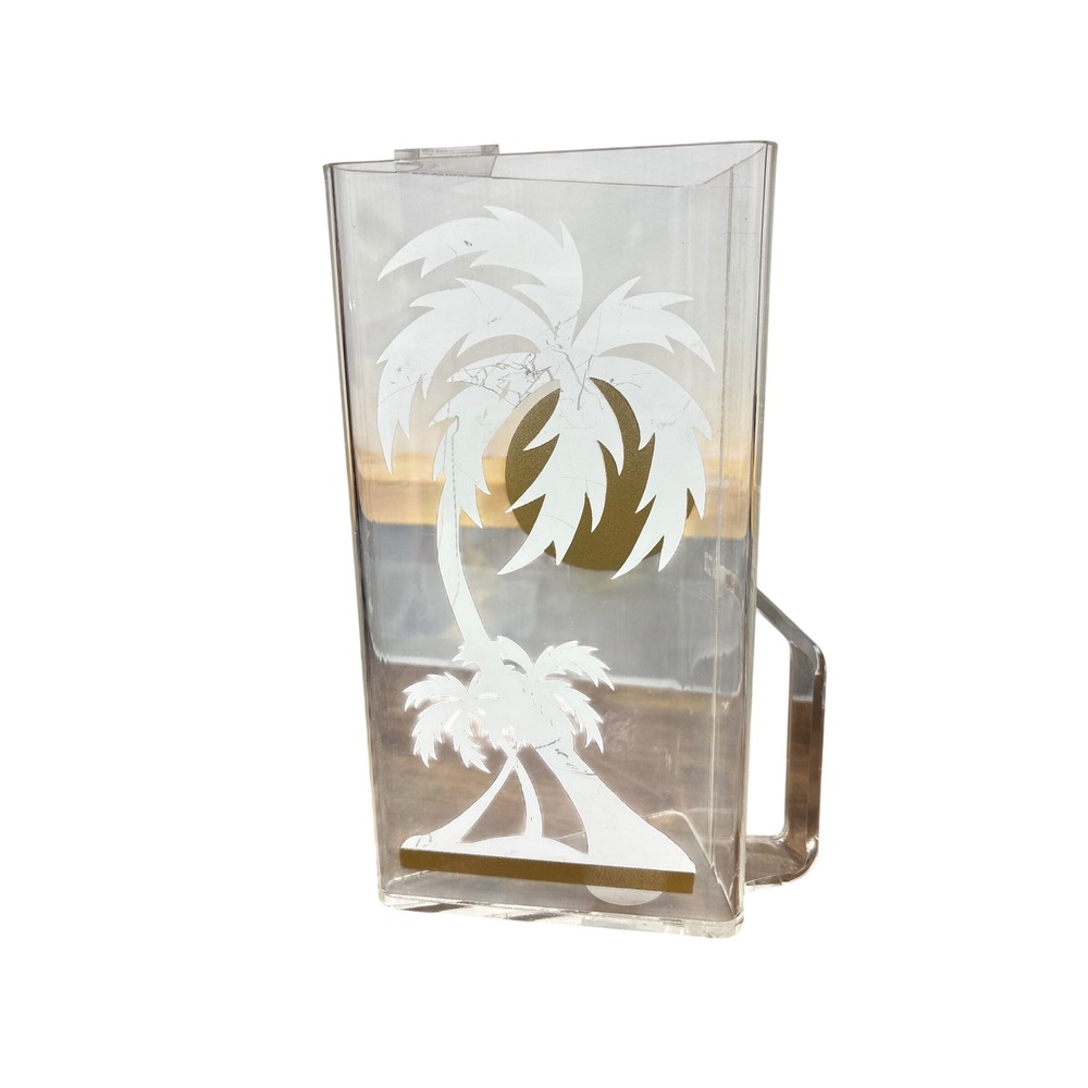 Vintage Acrylic Triangular Pitcher Palm Tree Tropical Clear Plastic Gold White